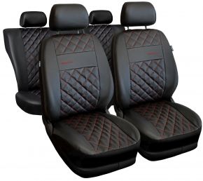 Sada čiernych univerzálnych autopoťahov Perfect Line z ekokože s červeným prešívaním, – kompatibilná s VOLKSWAGEN AMAROK